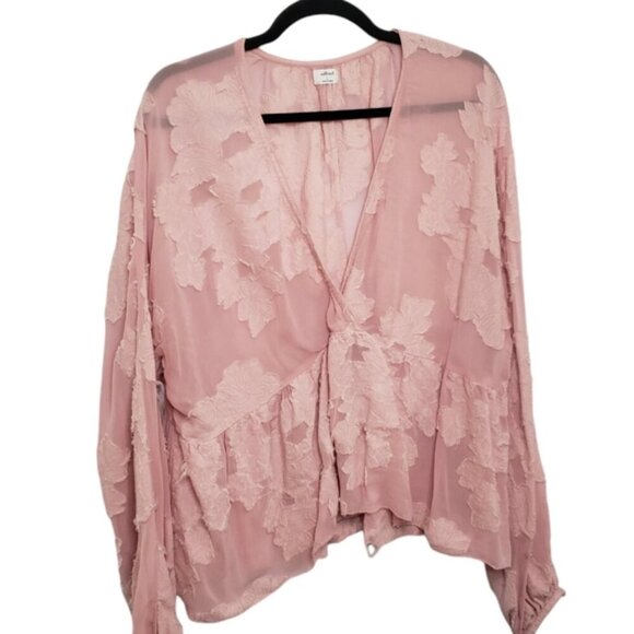 Aritzia Wilfred Pink Sheer Floral Distressed Blouse Peplum Augustine Size Large - Picture 14 of 15